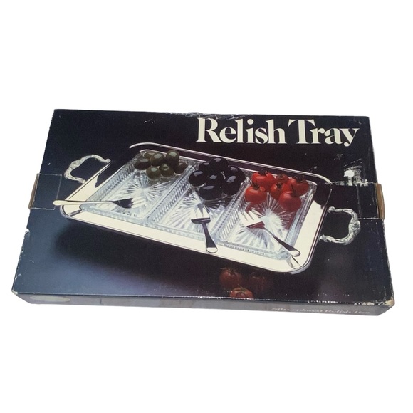 Vtg Leonard 7pc Silverplate Relish Serving Tray Glass Dishes Forks MIB - Picture 13 of 16